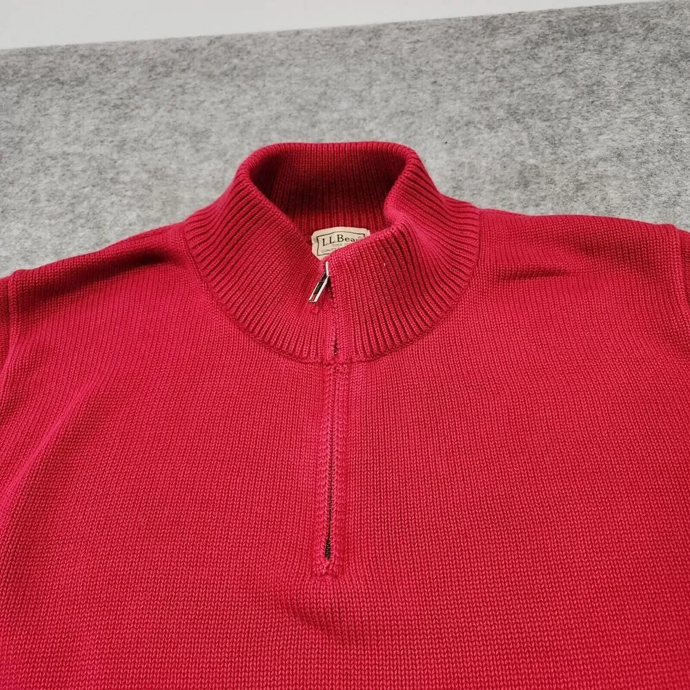 LL Bean Mens L Large 100% Cotton‎ Knit Red Pullover 1/4 Zip Heavyweight Sweater